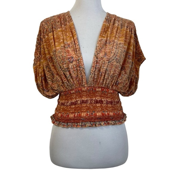 Free People Tops - Free People Womens Next Vacation Top Smocked V-Neck Blouse Sz Small Multicolor